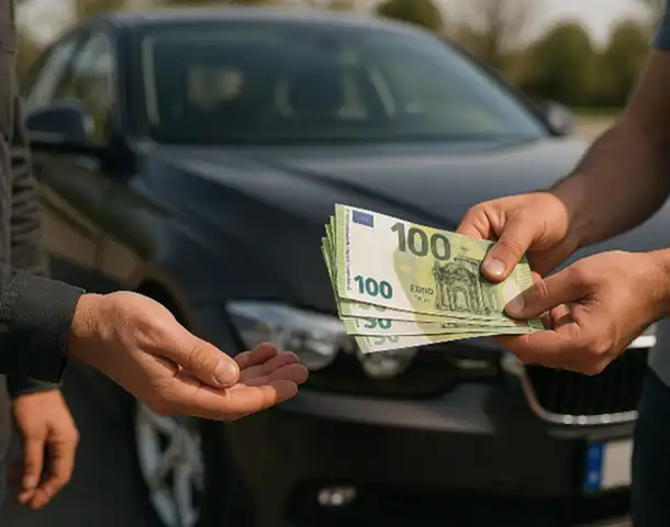 Ein Kunde erhält beim Autoankauf in Rüsselsheim Bargeld für sein Fahrzeug, direkt vor Ort.